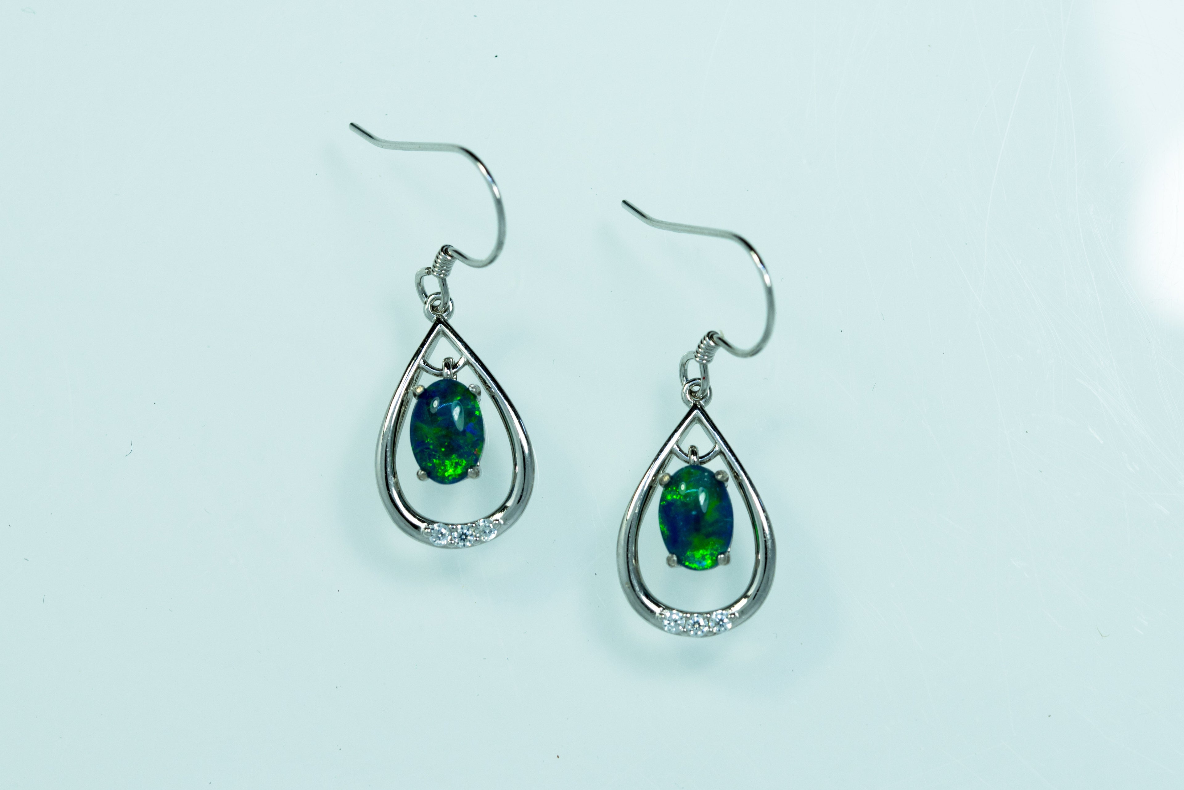 Australian Triplet Opal Earrings - Green Blue Fire Opal - Genuine Australian Triplet Opal Earrings in Sterling Silver White Gold Plated