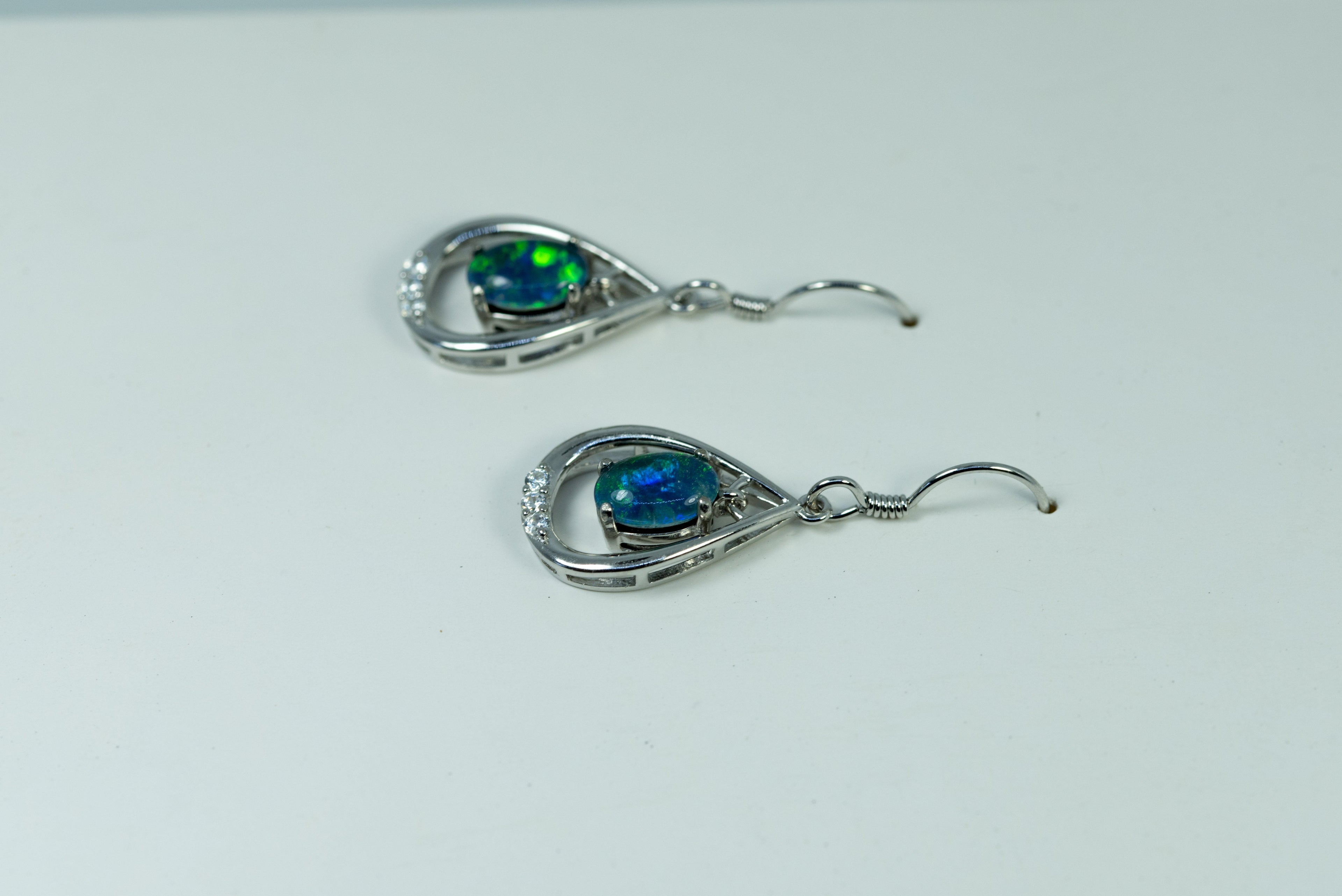 Australian Triplet Opal Earrings - Green Blue Fire Opal - Genuine Australian Triplet Opal Earrings in Sterling Silver White Gold Plated