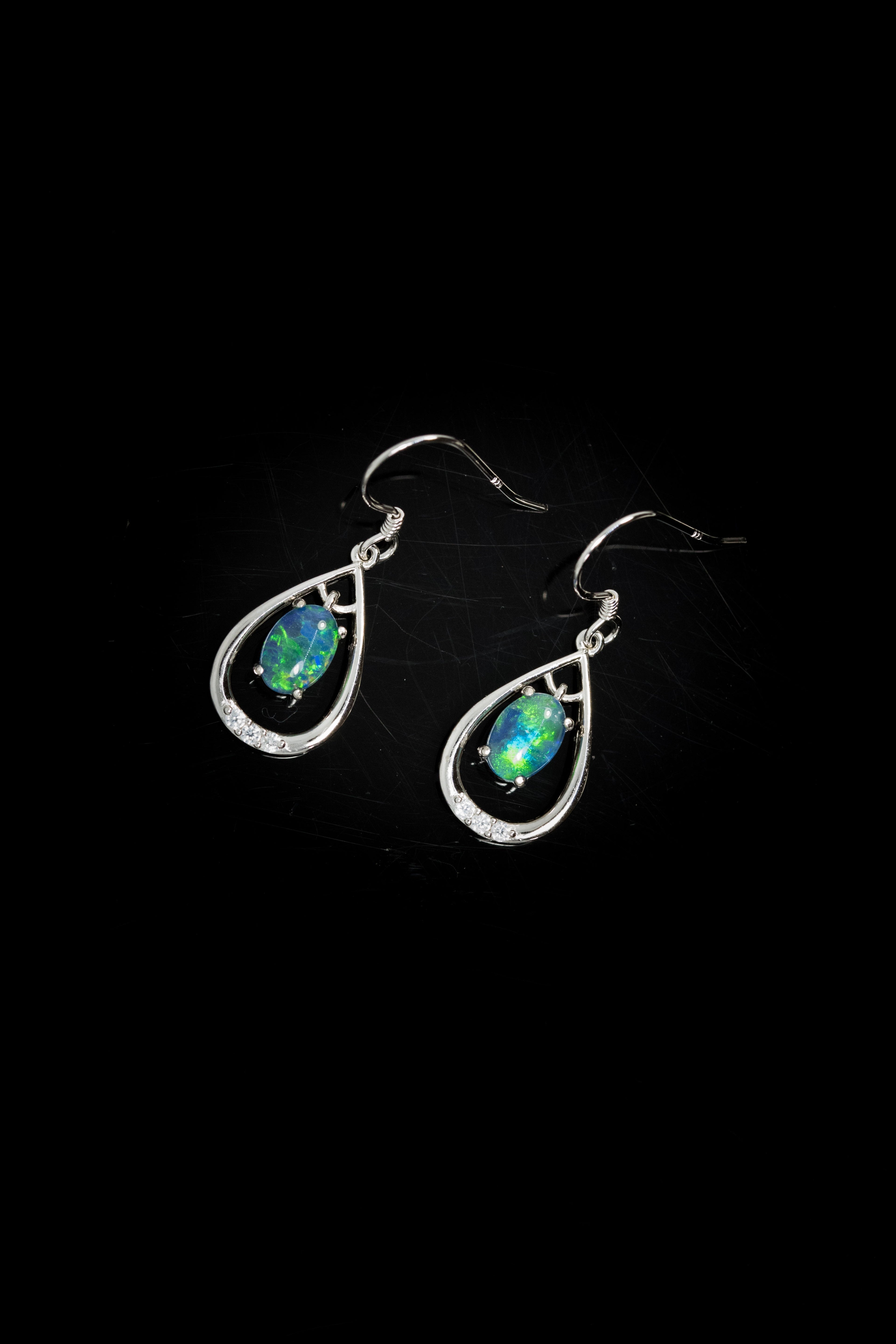 Australian Triplet Opal Earrings - Green Blue Fire Opal - Genuine Australian Triplet Opal Earrings in Sterling Silver White Gold Plated