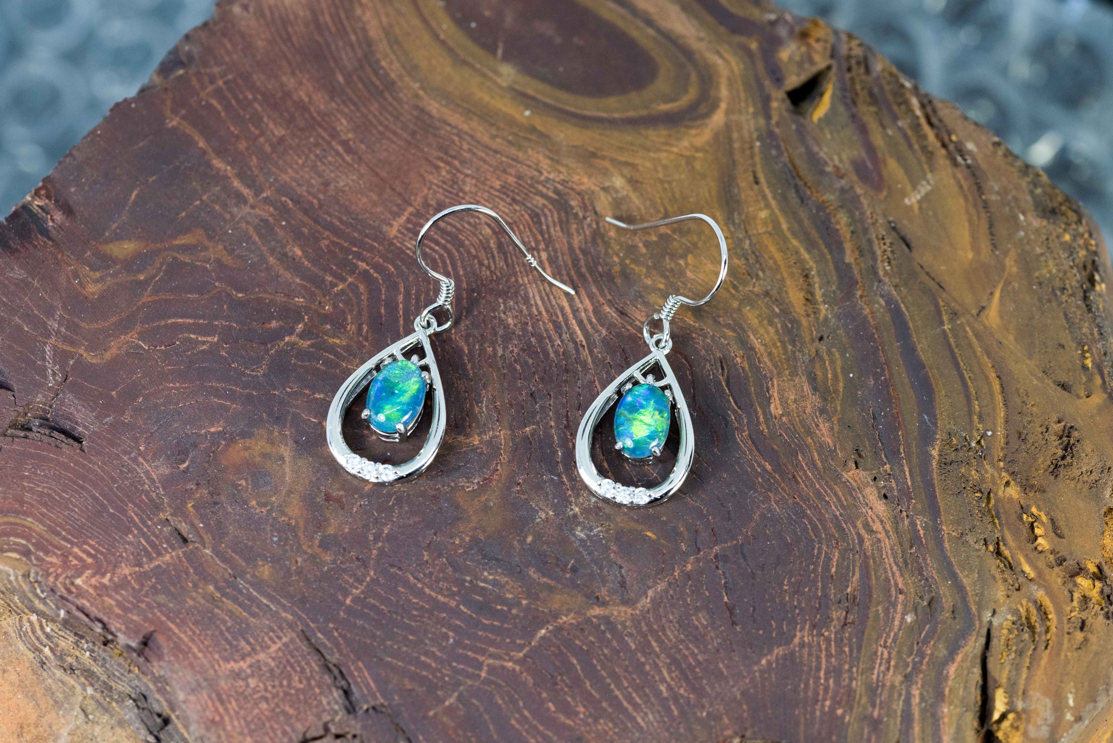 Australian Triplet Opal Earrings - Green Blue Fire Opal - Genuine Australian Triplet Opal Earrings in Sterling Silver White Gold Plated