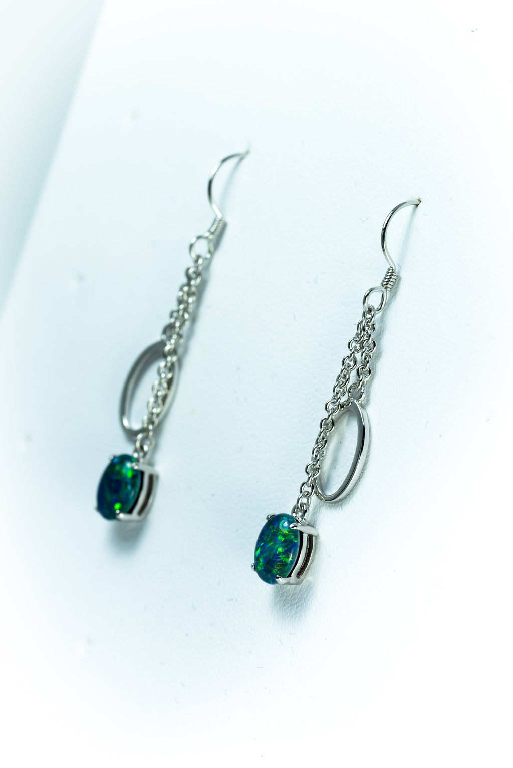 Australian Triplet Opal Earrings - Green Blue Fire Opal - Genuine Australian Triplet Opal Earrings in Sterling Silver White Gold Plated