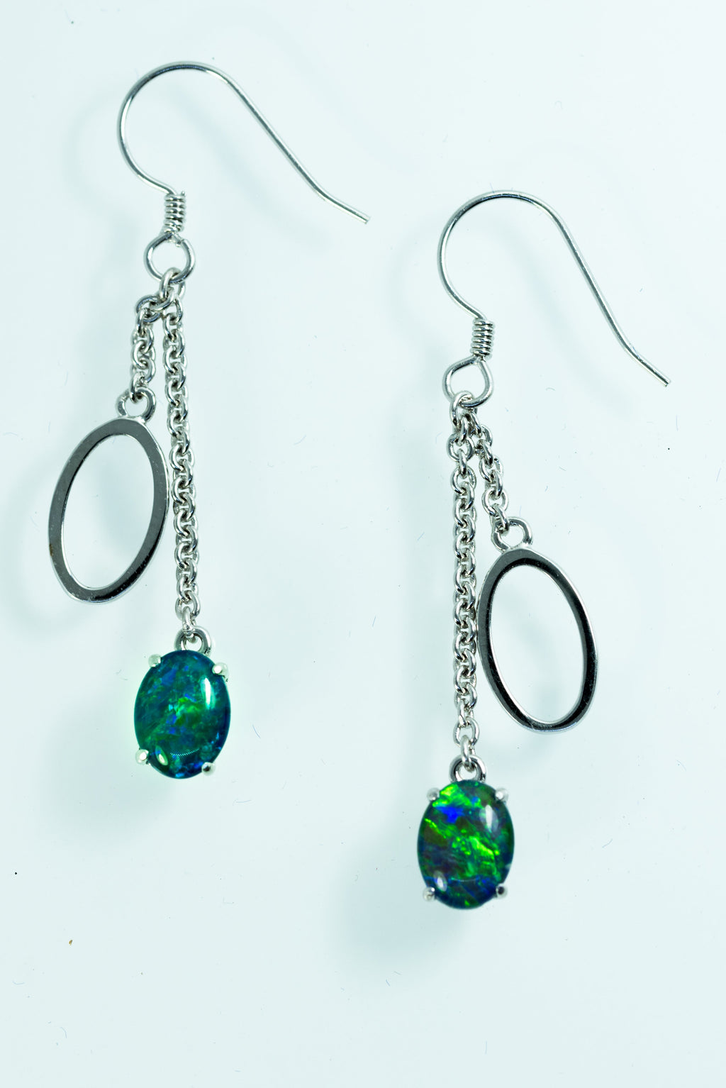 Australian Triplet Opal Earrings - Green Blue Fire Opal - Genuine Australian Triplet Opal Earrings in Sterling Silver White Gold Plated