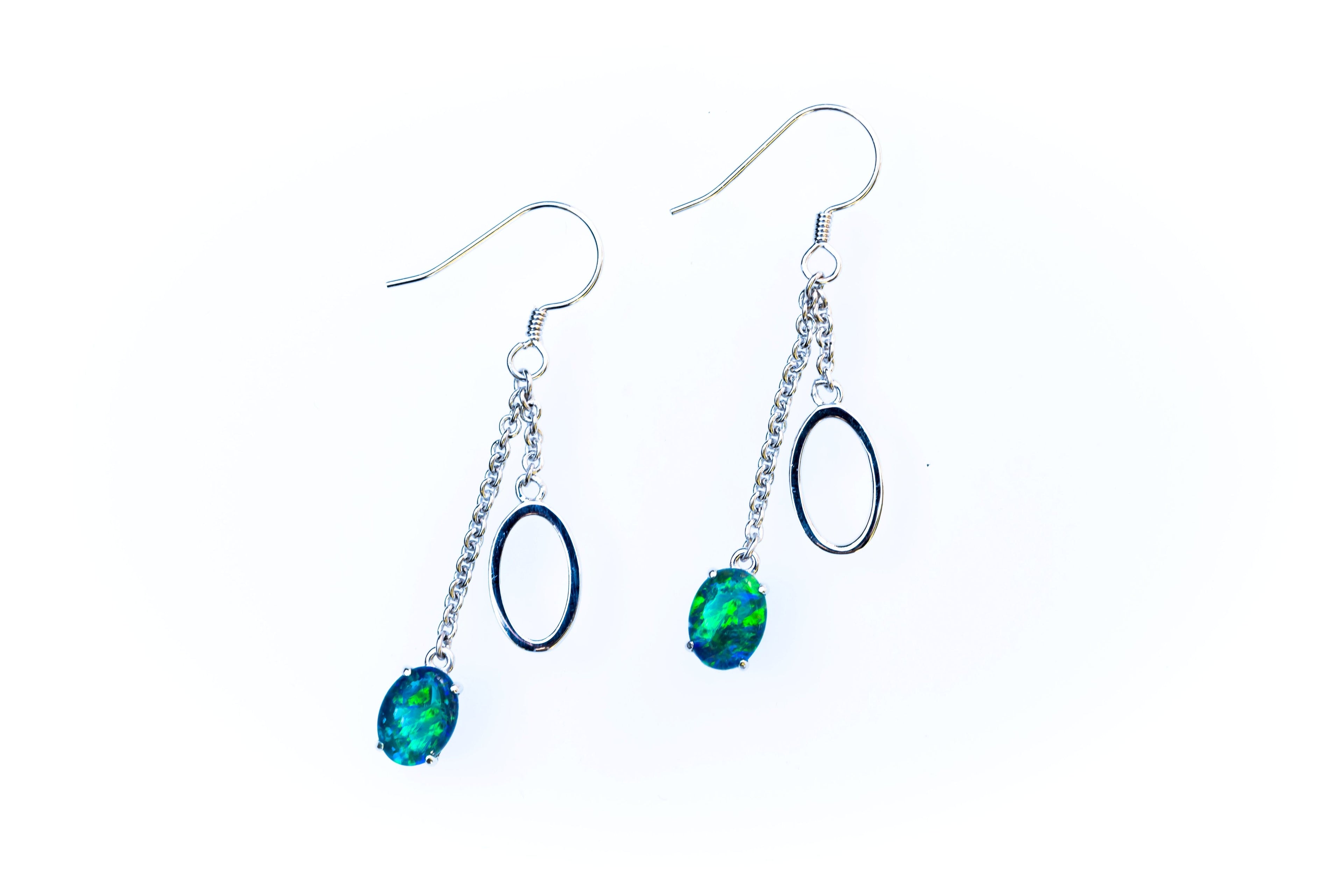 Australian Triplet Opal Earrings - Green Blue Fire Opal - Genuine Australian Triplet Opal Earrings in Sterling Silver White Gold Plated