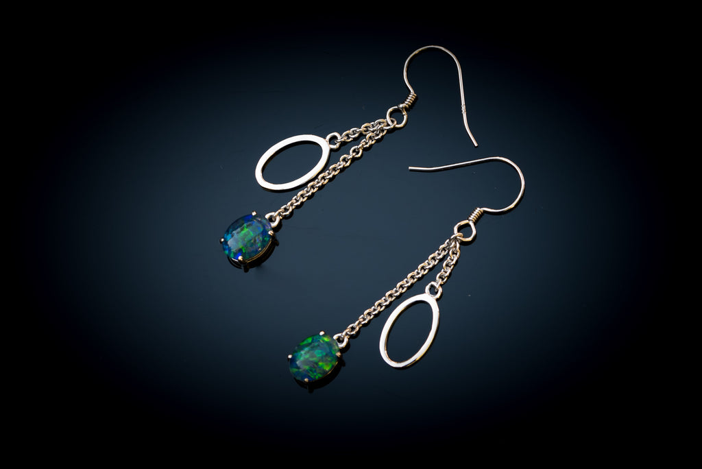 Australian Triplet Opal Earrings - Green Blue Fire Opal - Genuine Australian Triplet Opal Earrings in Sterling Silver White Gold Plated