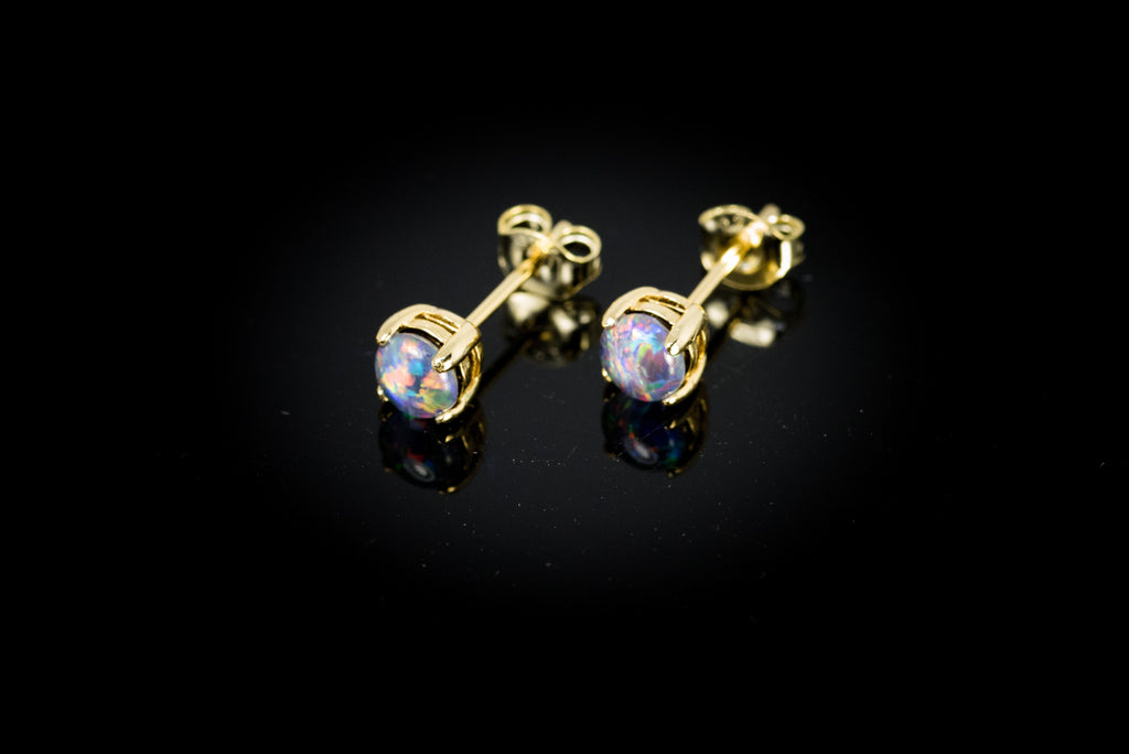 Dainty Australian Triplet Opal Earrings - Multi Color Fire Opal - Genuine Australian Triplet Opal Earrings in Sterling Silver Yellow Gold Plated