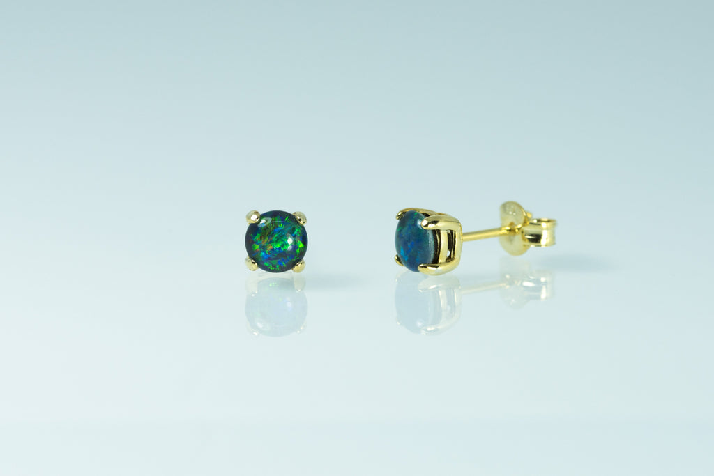 Dainty Australian Triplet Opal Earrings - Green Blue Fire Opal - Genuine Australian Triplet Opal Earrings in Sterling Silver Yellow Gold Plated