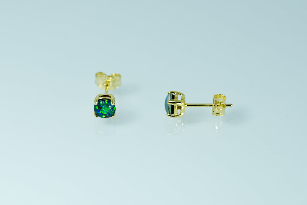 Dainty Australian Triplet Opal Earrings - Green Blue Fire Opal - Genuine Australian Triplet Opal Earrings in Sterling Silver Yellow Gold Plated