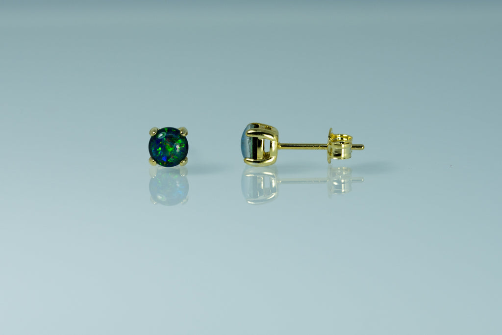 Dainty Australian Triplet Opal Earrings - Green Blue Fire Opal - Genuine Australian Triplet Opal Earrings in Sterling Silver Yellow Gold Plated