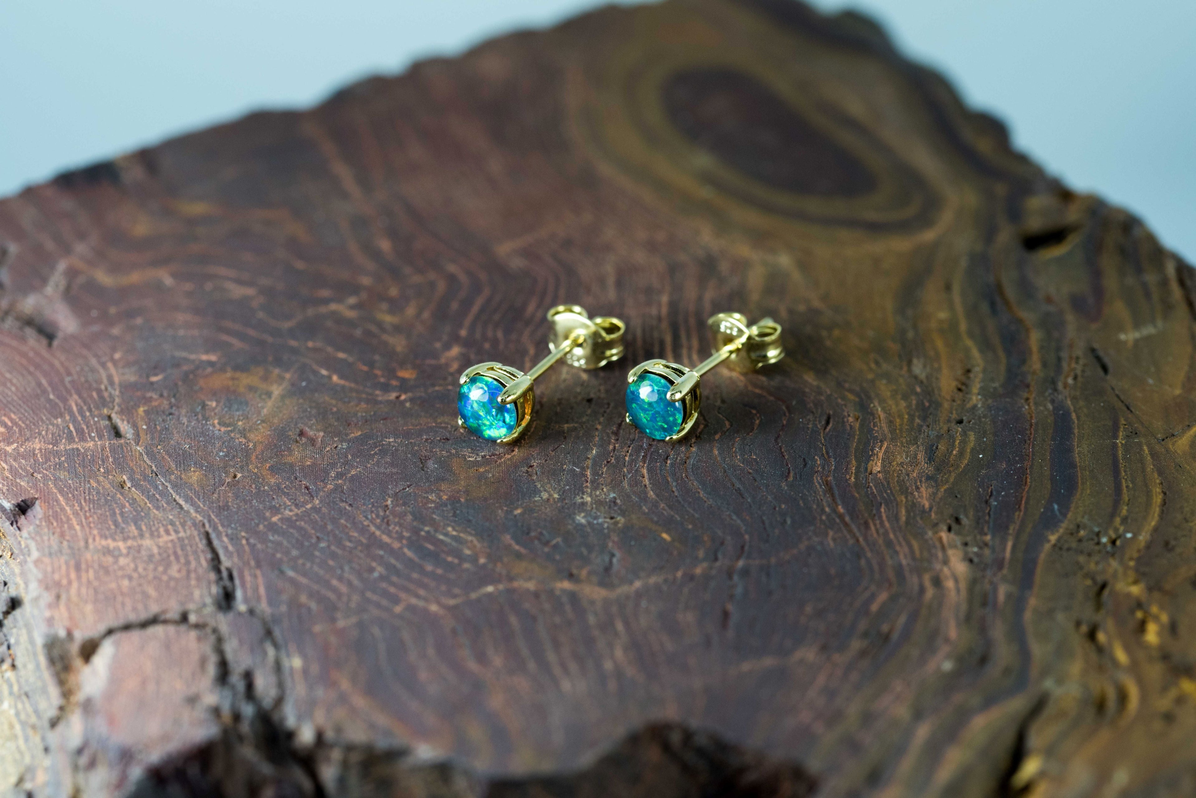 Dainty Australian Triplet Opal Earrings - Green Blue Fire Opal - Genuine Australian Triplet Opal Earrings in Sterling Silver Yellow Gold Plated
