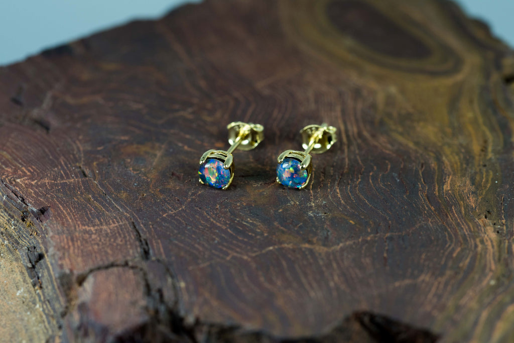 Dainty Australian Triplet Opal Earrings - Multi Color Fire Opal - Genuine Australian Triplet Opal Earrings in Sterling Silver Yellow Gold Plated