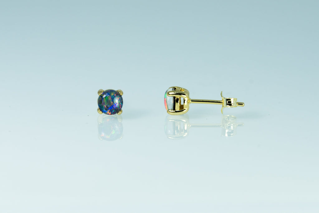 Dainty Australian Triplet Opal Earrings - Multi Color Fire Opal - Genuine Australian Triplet Opal Earrings in Sterling Silver Yellow Gold Plated