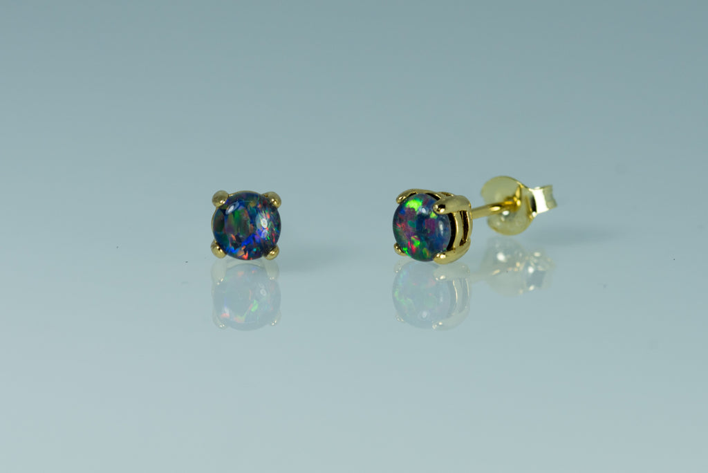 Dainty Australian Triplet Opal Earrings - Multi Color Fire Opal - Genuine Australian Triplet Opal Earrings in Sterling Silver Yellow Gold Plated