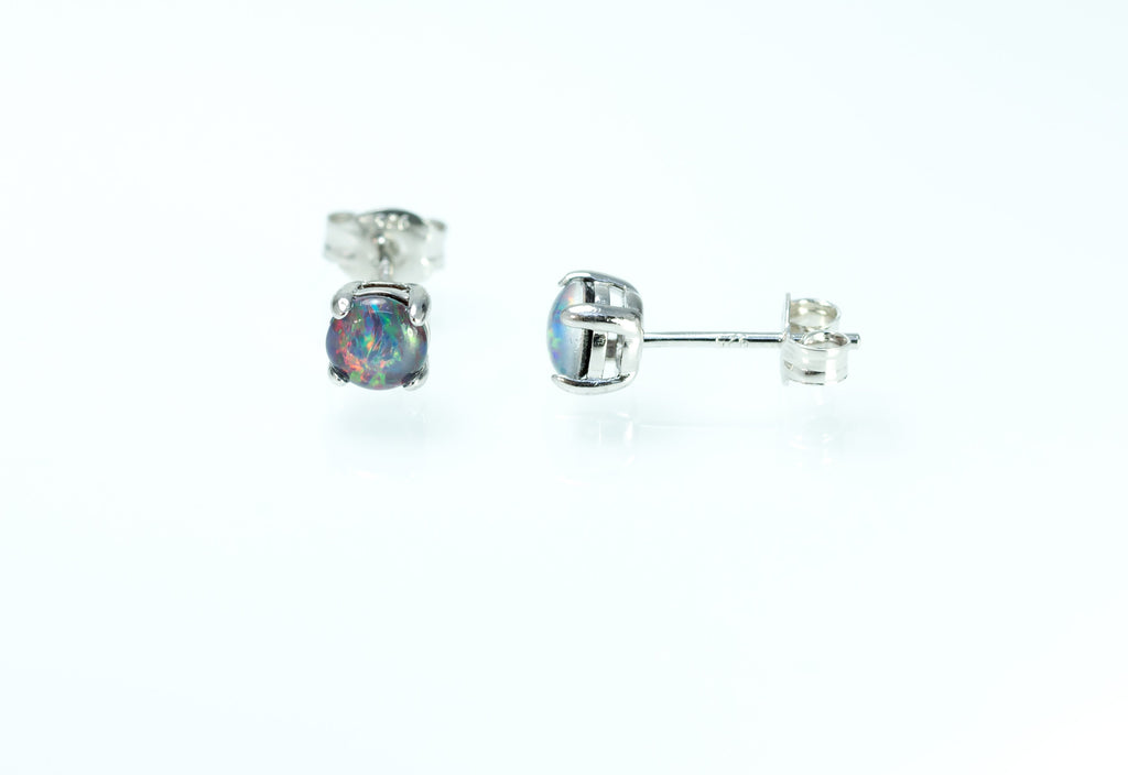 Dainty Australian Triplet Opal Earrings - Multi Colour Dainty Opal - Genuine Australian Triplet Opal Earrings in Sterling Silver White Gold Plated