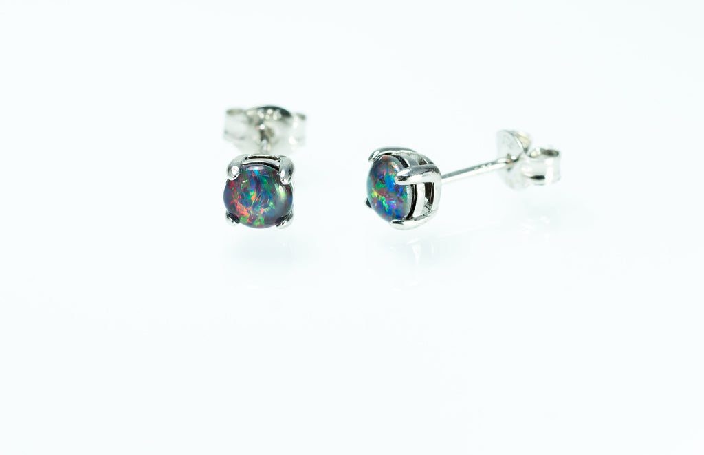 Dainty Australian Triplet Opal Earrings - Multi Colour Dainty Opal - Genuine Australian Triplet Opal Earrings in Sterling Silver White Gold Plated