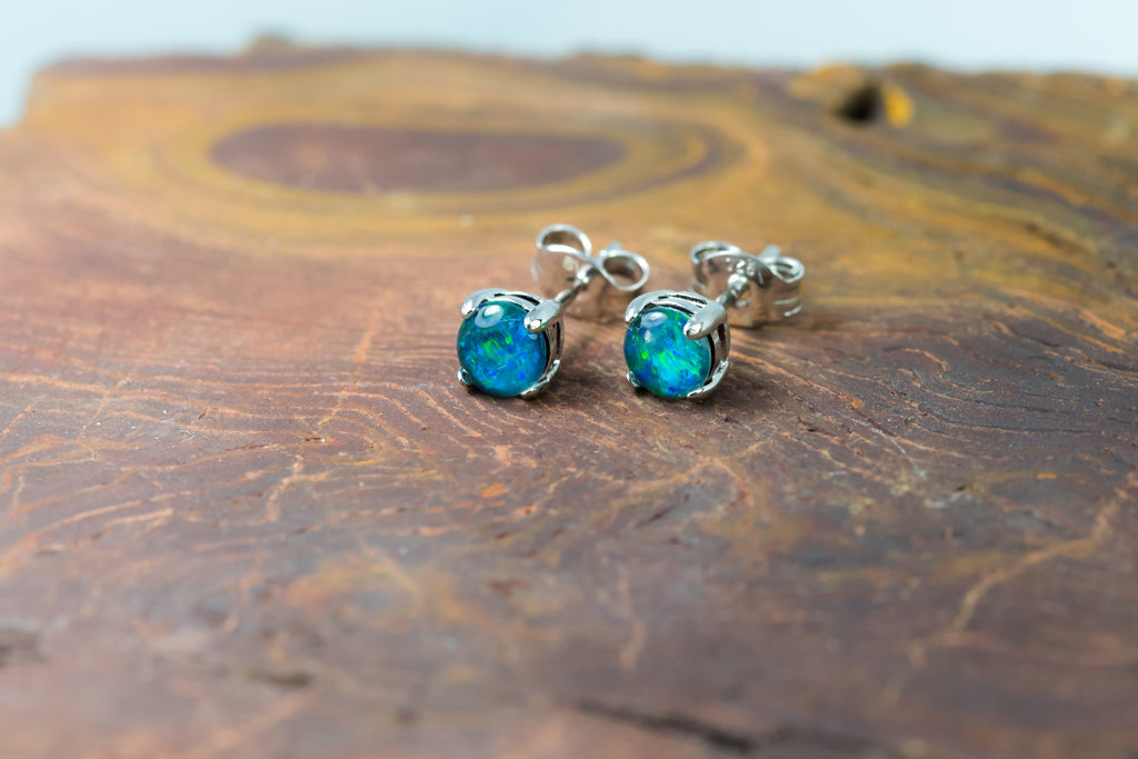 Dainty Australian Triplet Opal Earrings - Green Blue Fire Opal - Genuine Australian Triplet Opal Earrings in Sterling Silver White Gold Plated