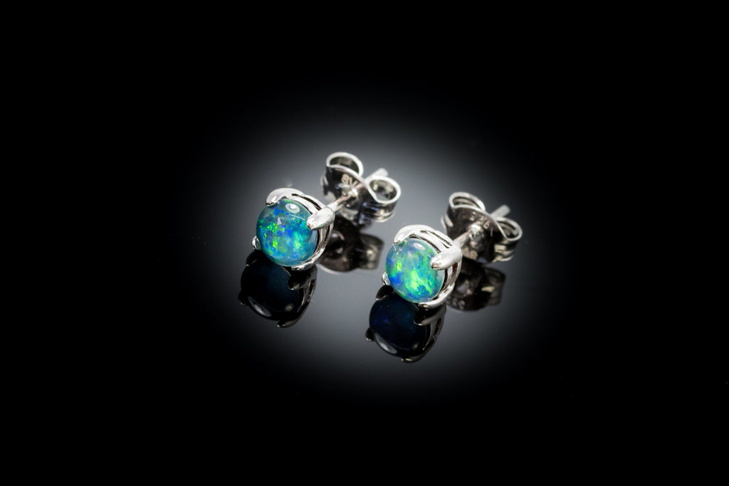 Dainty Australian Triplet Opal Earrings - Green Blue Fire Opal - Genuine Australian Triplet Opal Earrings in Sterling Silver White Gold Plated