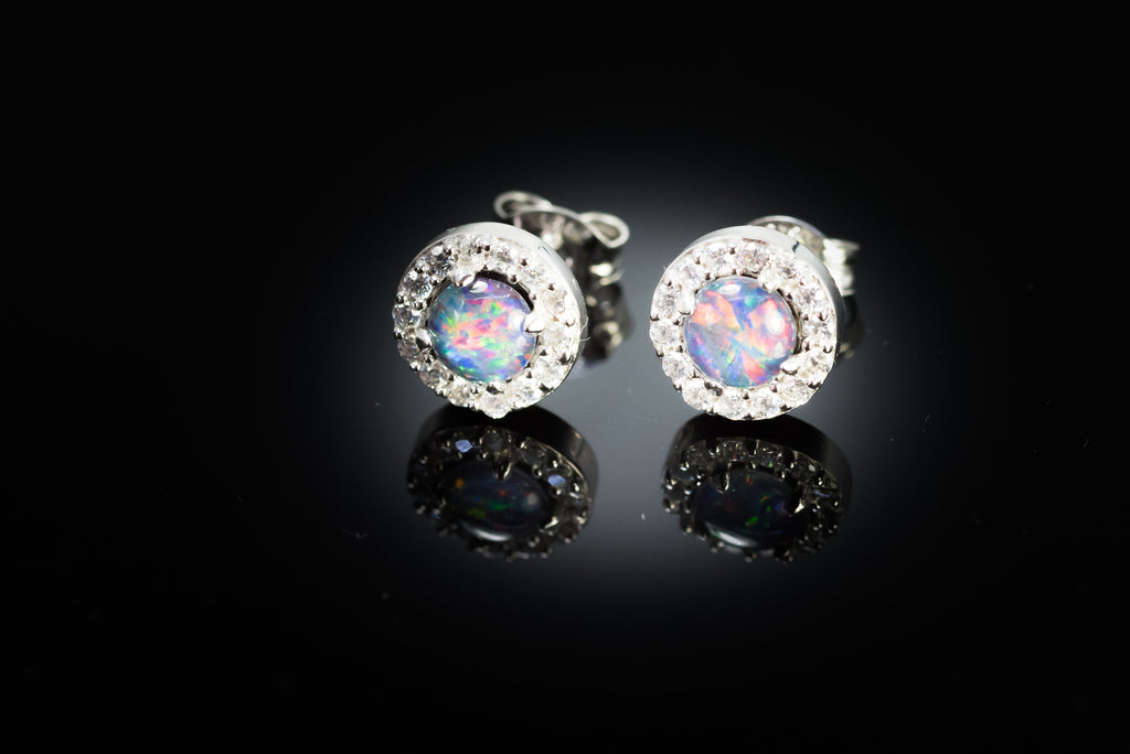 Australian Sparking Multi Color Triplet Opal Earrings in Sterling Silver White Gold-Plated, Halo Cluster Design