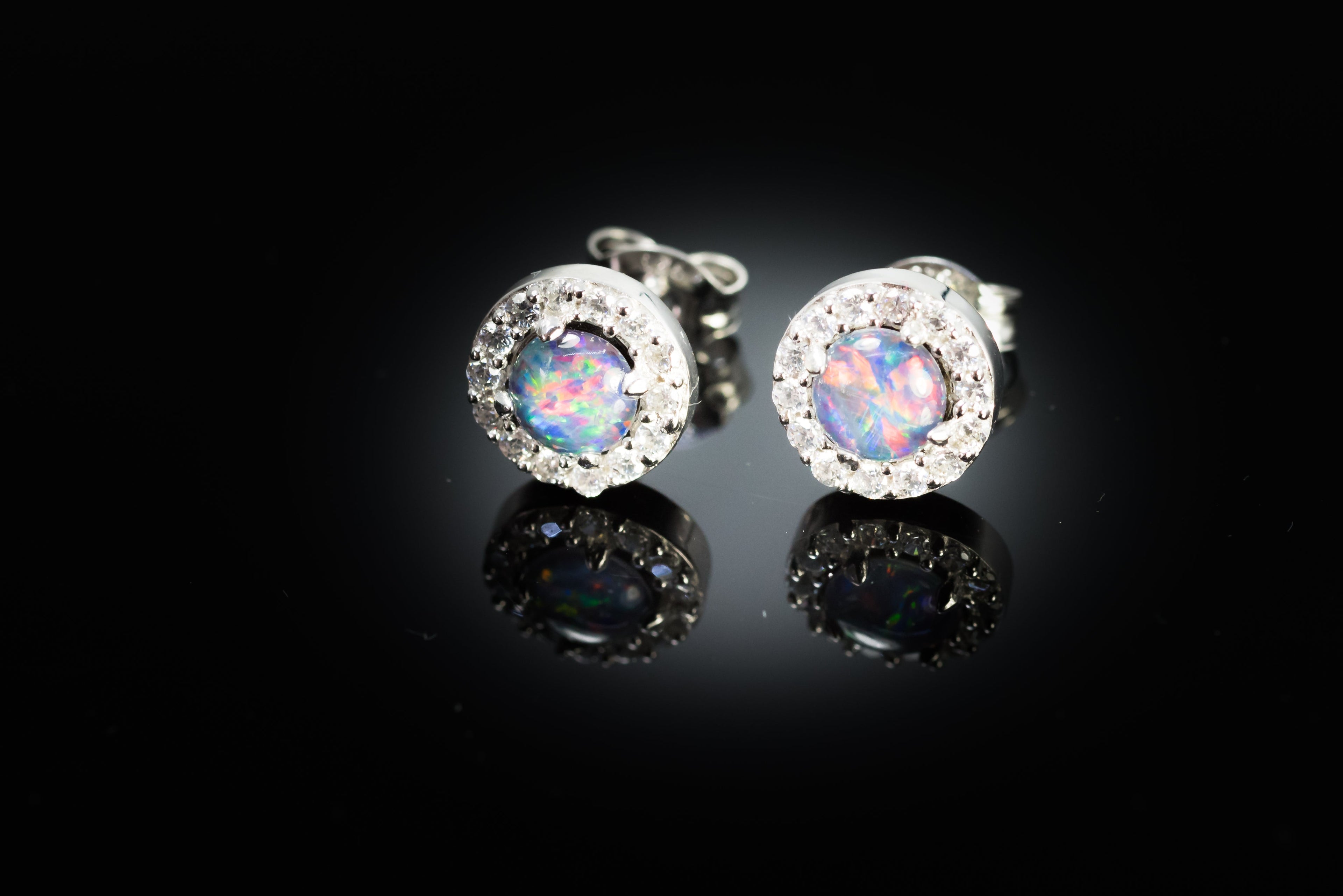 Australian Sparking Multi Color Triplet Opal Earrings in Sterling Silver White Gold-Plated, Halo Cluster Design