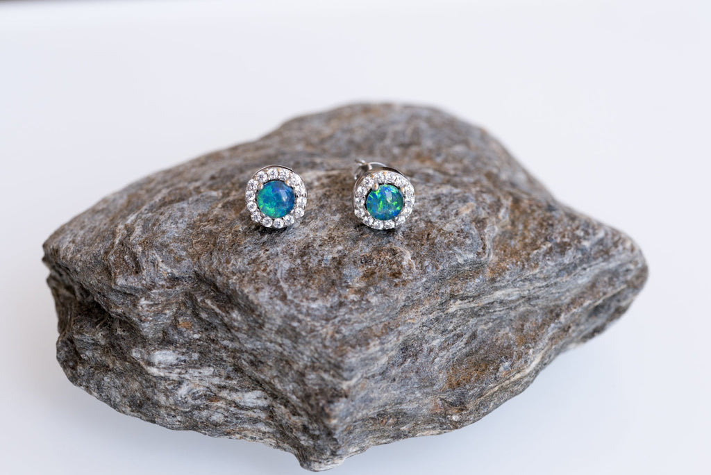 Australian Sparking Green Blue Triplet Opal Earrings in Sterling Silver White Gold-Plated, Halo Cluster Design