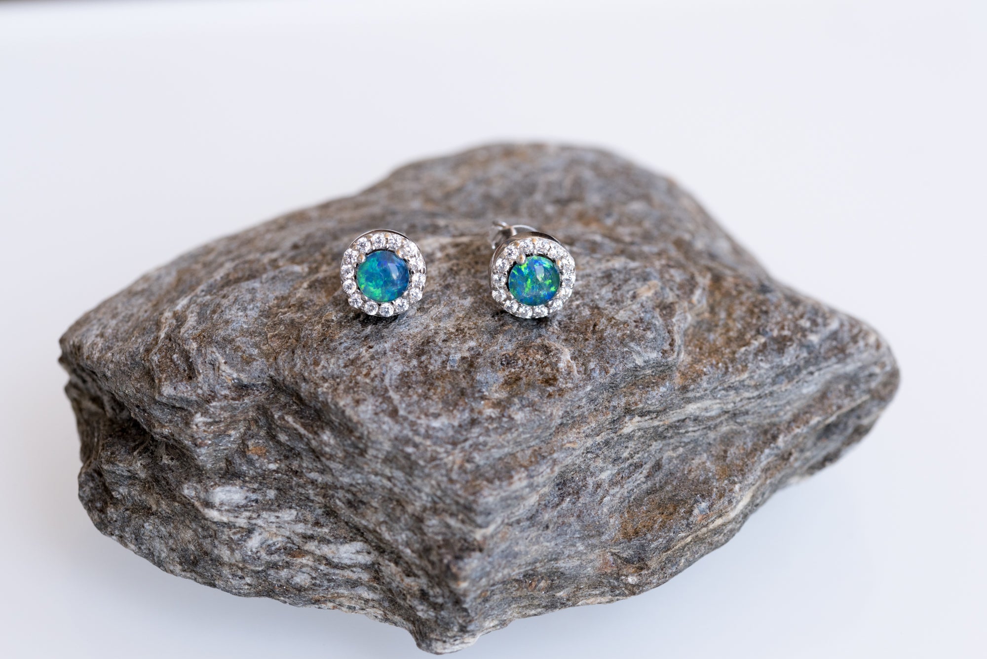 Australian Sparking Green Blue Triplet Opal Earrings in Sterling Silver White Gold-Plated, Halo Cluster Design