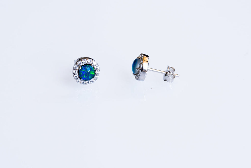 Australian Sparking Green Blue Triplet Opal Earrings in Sterling Silver White Gold-Plated, Halo Cluster Design
