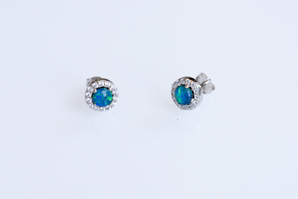 Australian Sparking Green Blue Triplet Opal Earrings in Sterling Silver White Gold-Plated, Halo Cluster Design