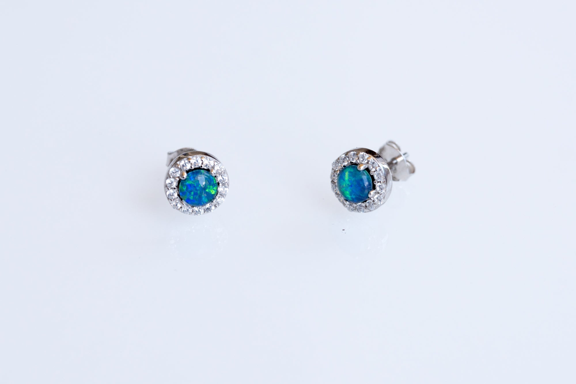 Australian Sparking Green Blue Triplet Opal Earrings in Sterling Silver White Gold-Plated, Halo Cluster Design