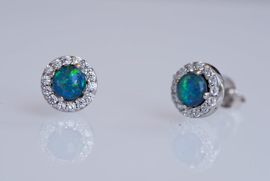 Australian Sparking Green Blue Triplet Opal Earrings in Sterling Silver White Gold-Plated, Halo Cluster Design