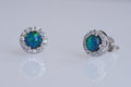Australian Sparking Green Blue Triplet Opal Earrings in Sterling Silver White Gold-Plated, Halo Cluster Design