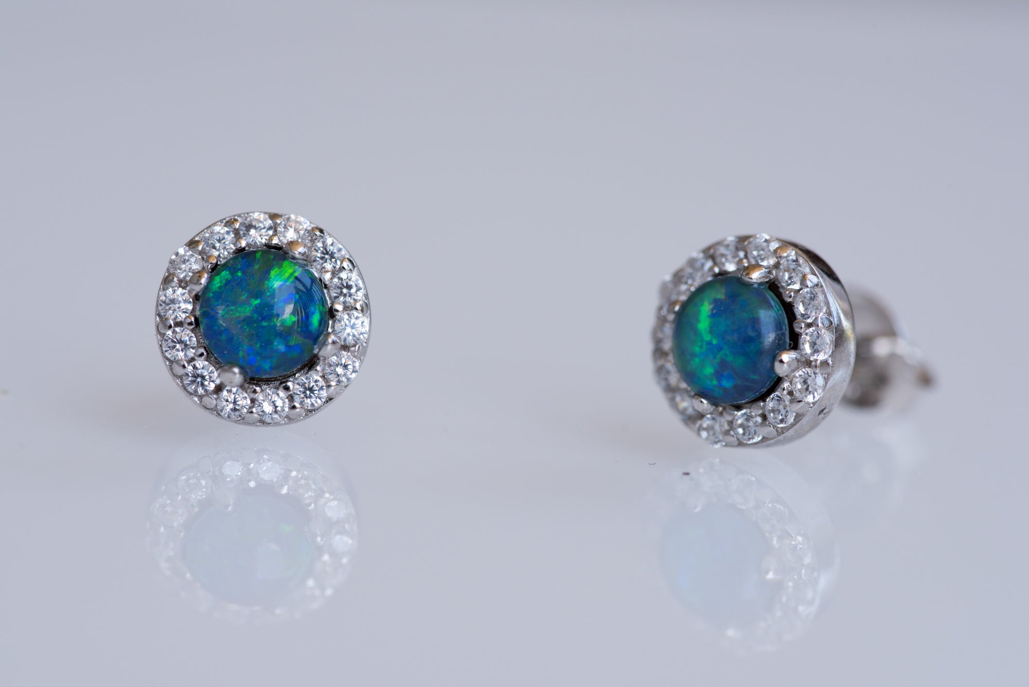 Australian Sparking Green Blue Triplet Opal Earrings in Sterling Silver White Gold-Plated, Halo Cluster Design
