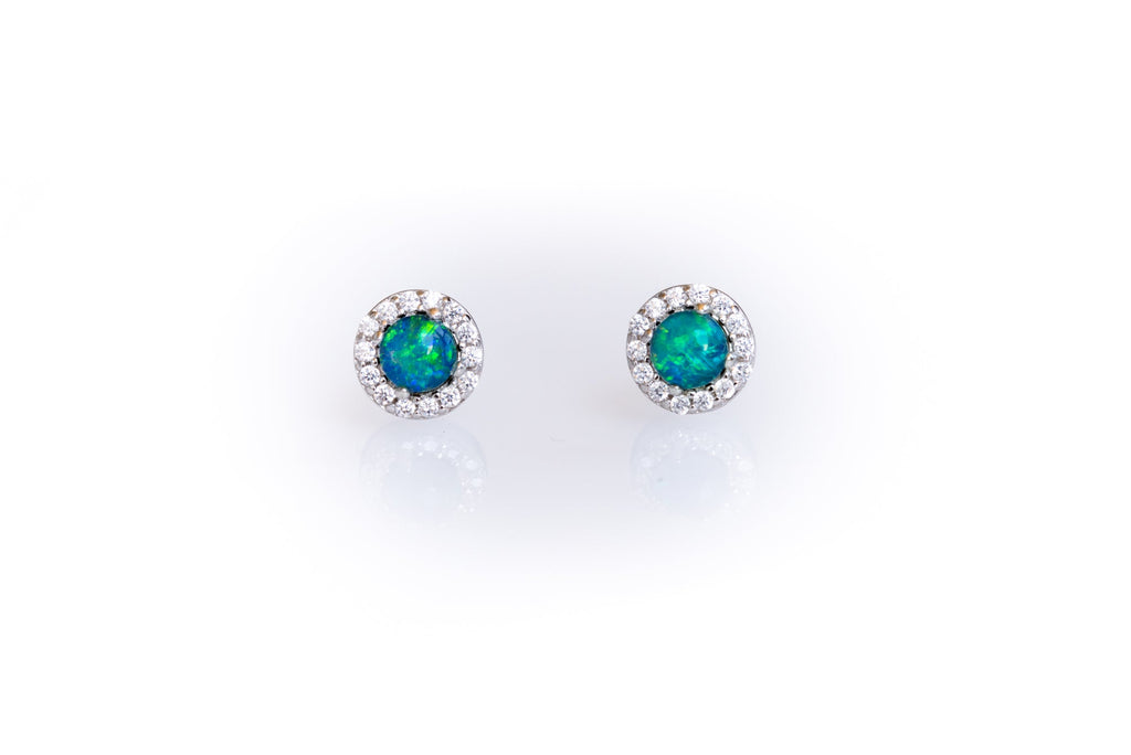 Australian Sparking Green Blue Triplet Opal Earrings in Sterling Silver White Gold-Plated, Halo Cluster Design