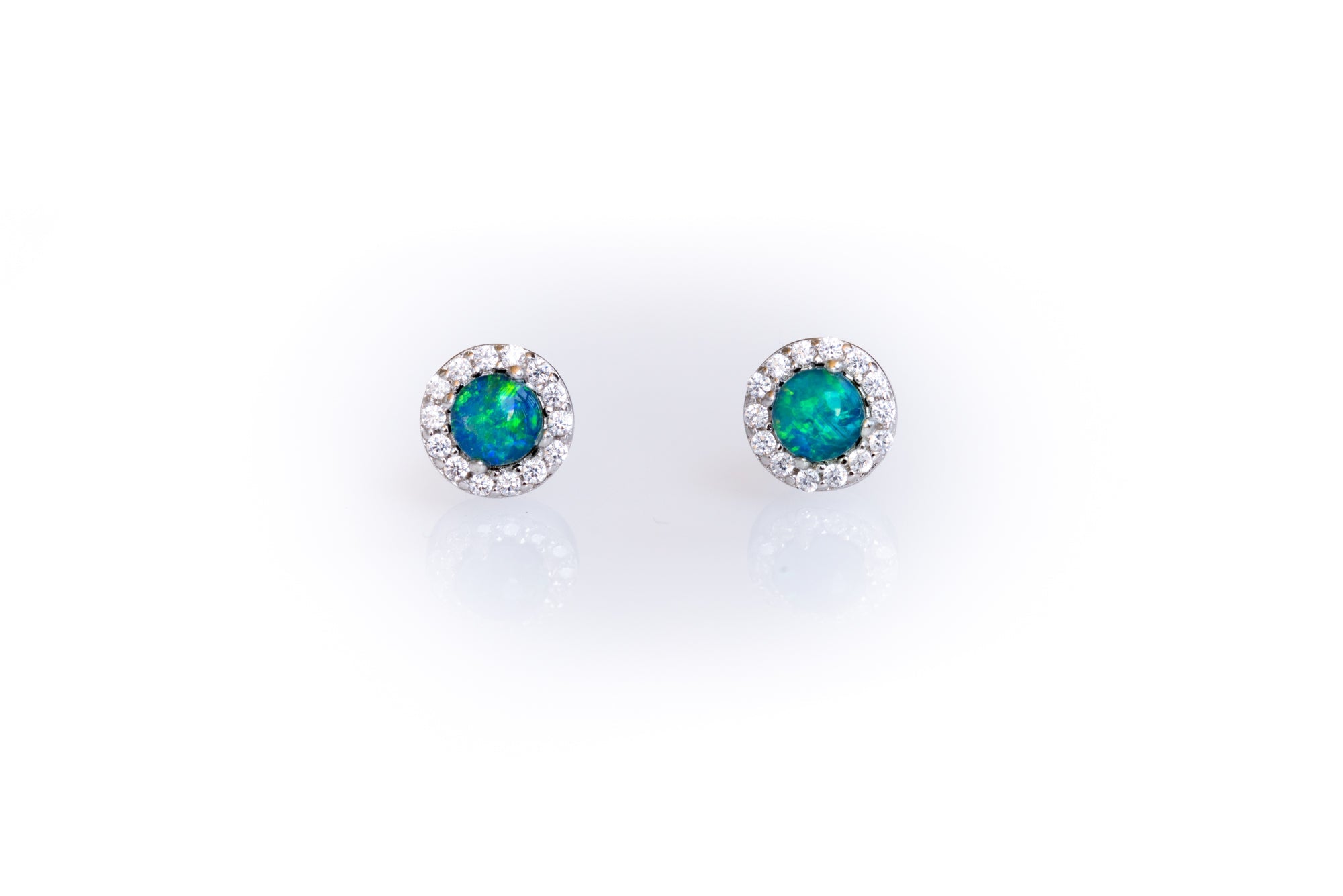Australian Sparking Green Blue Triplet Opal Earrings in Sterling Silver White Gold-Plated, Halo Cluster Design