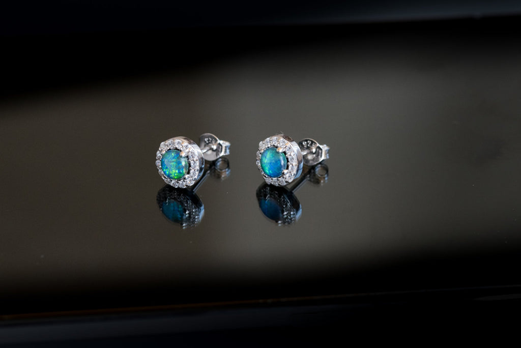 Australian Sparking Green Blue Triplet Opal Earrings in Sterling Silver White Gold-Plated, Halo Cluster Design