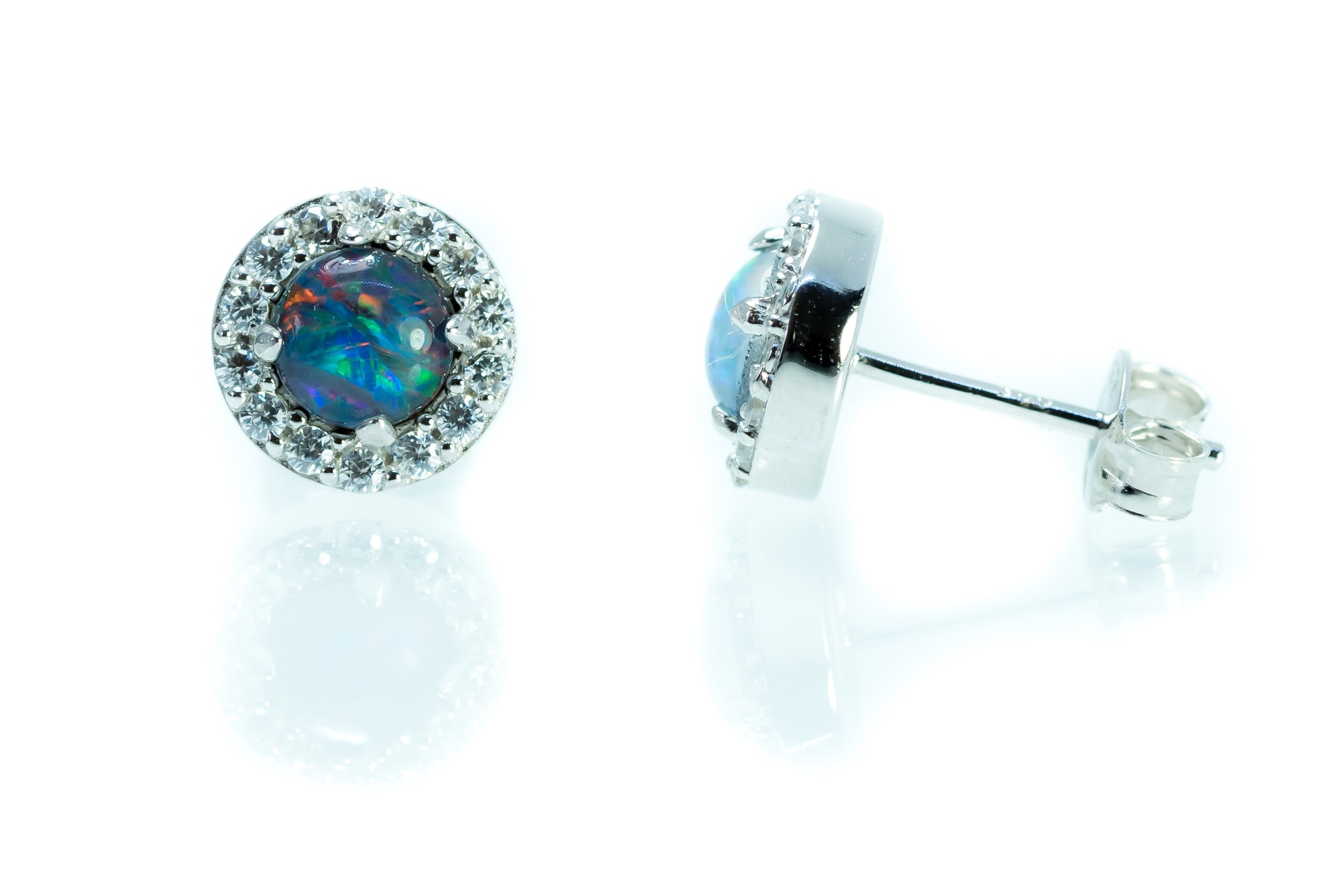 Australian Sparking Multi Color Triplet Opal Earrings in Sterling Silver White Gold-Plated, Halo Cluster Design