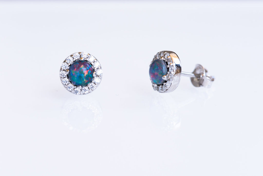 Australian Sparking Multi Color Triplet Opal Earrings in Sterling Silver White Gold-Plated, Halo Cluster Design