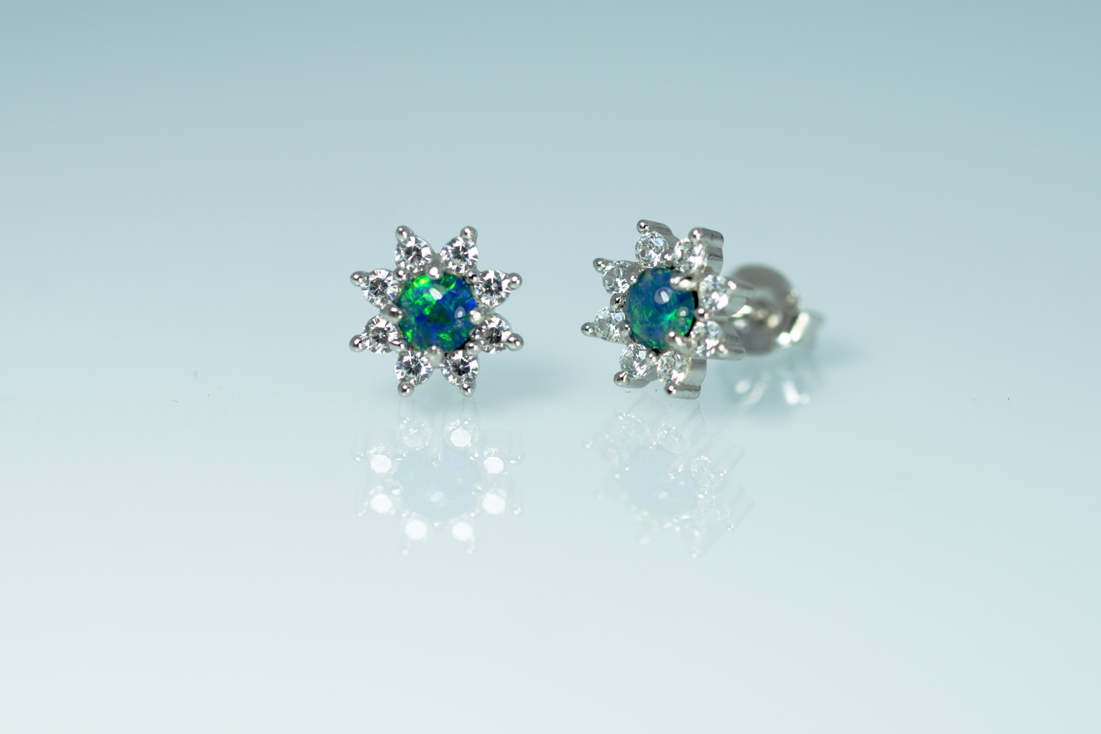 Daisy Design Australian Opal Earrings - Green Blue Fire Triplet Opal in Sterling Silver White Gold Plated