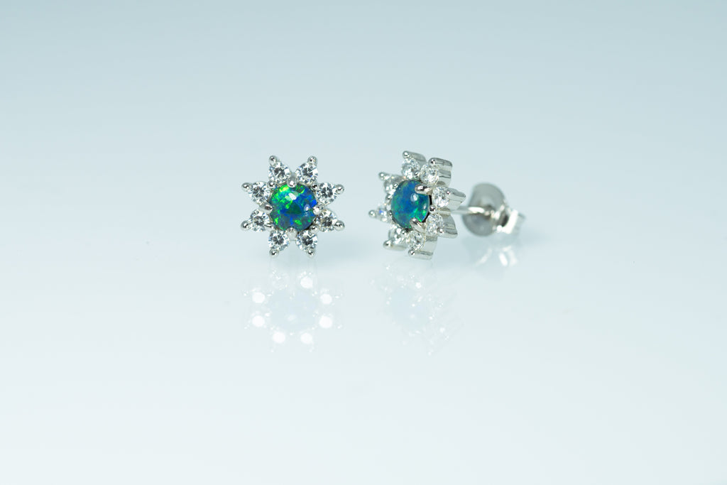 Daisy Design Australian Opal Earrings - Green Blue Fire Triplet Opal in Sterling Silver White Gold Plated