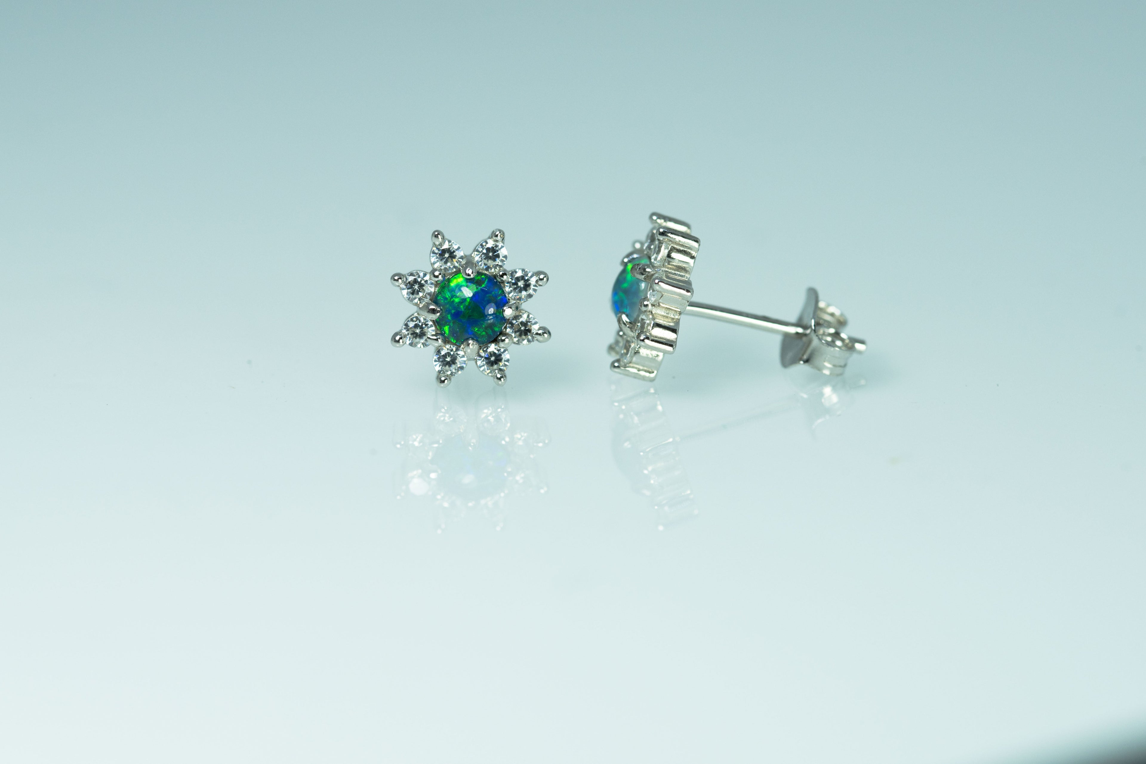 Daisy Design Australian Opal Earrings - Green Blue Fire Triplet Opal in Sterling Silver White Gold Plated