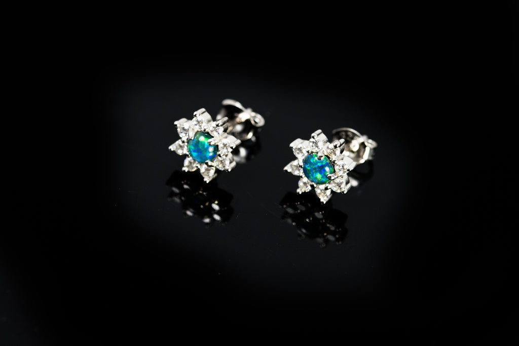 Daisy Design Australian Opal Earrings - Green Blue Fire Triplet Opal in Sterling Silver White Gold Plated