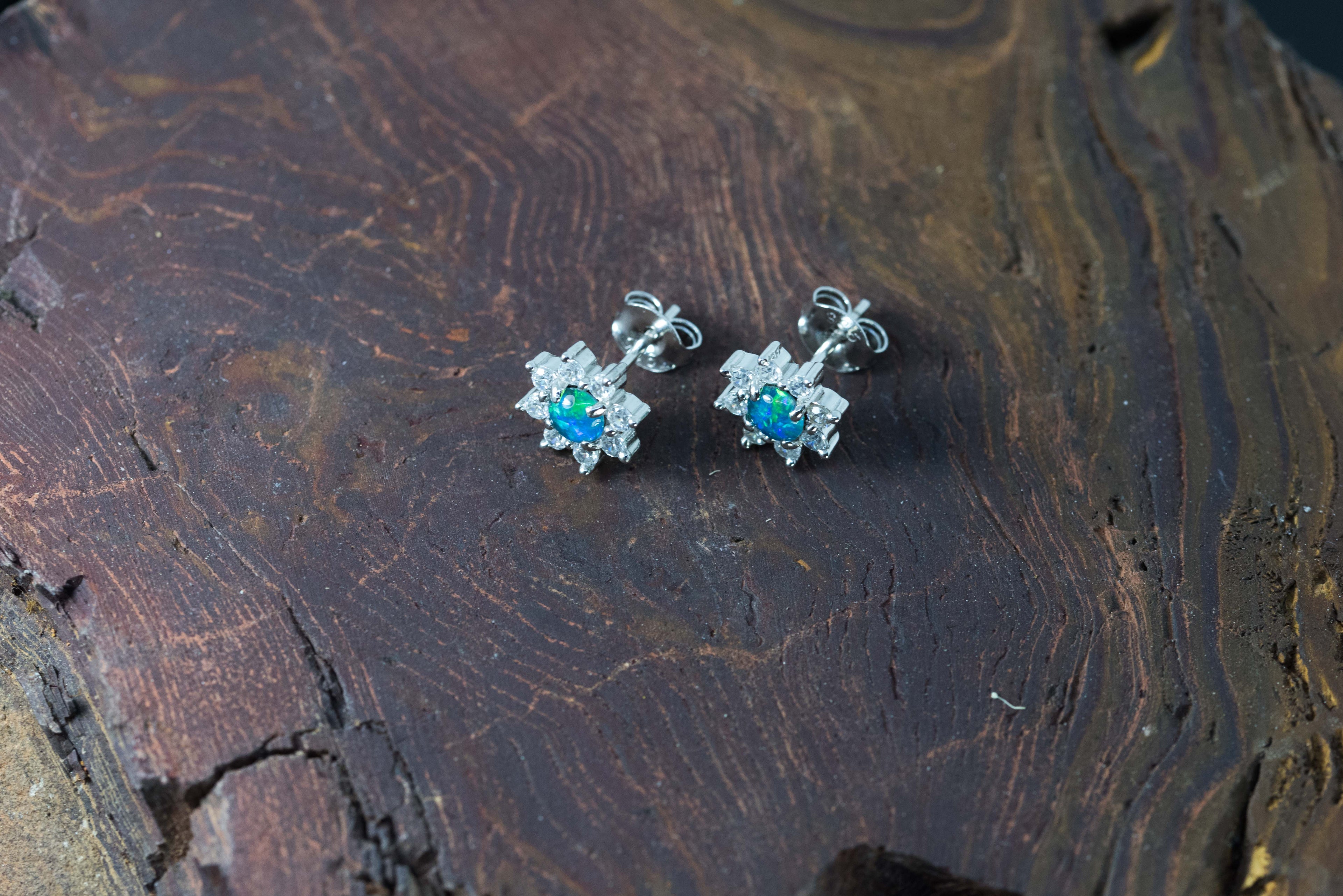 Daisy Design Australian Opal Earrings - Green Blue Fire Triplet Opal in Sterling Silver White Gold Plated