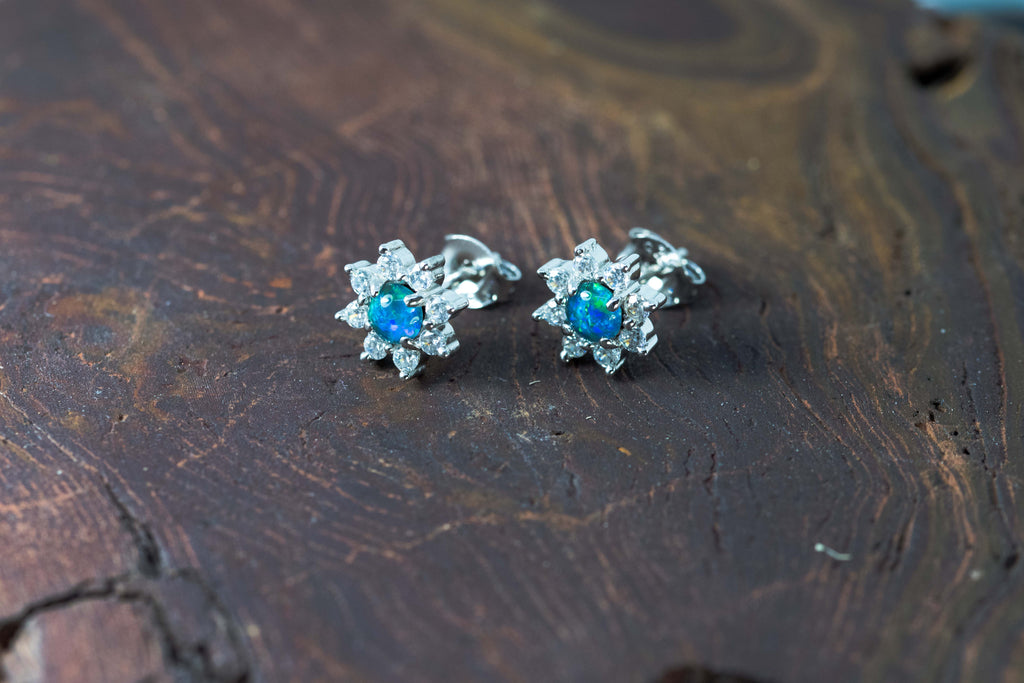Daisy Design Australian Opal Earrings - Green Blue Fire Triplet Opal in Sterling Silver White Gold Plated