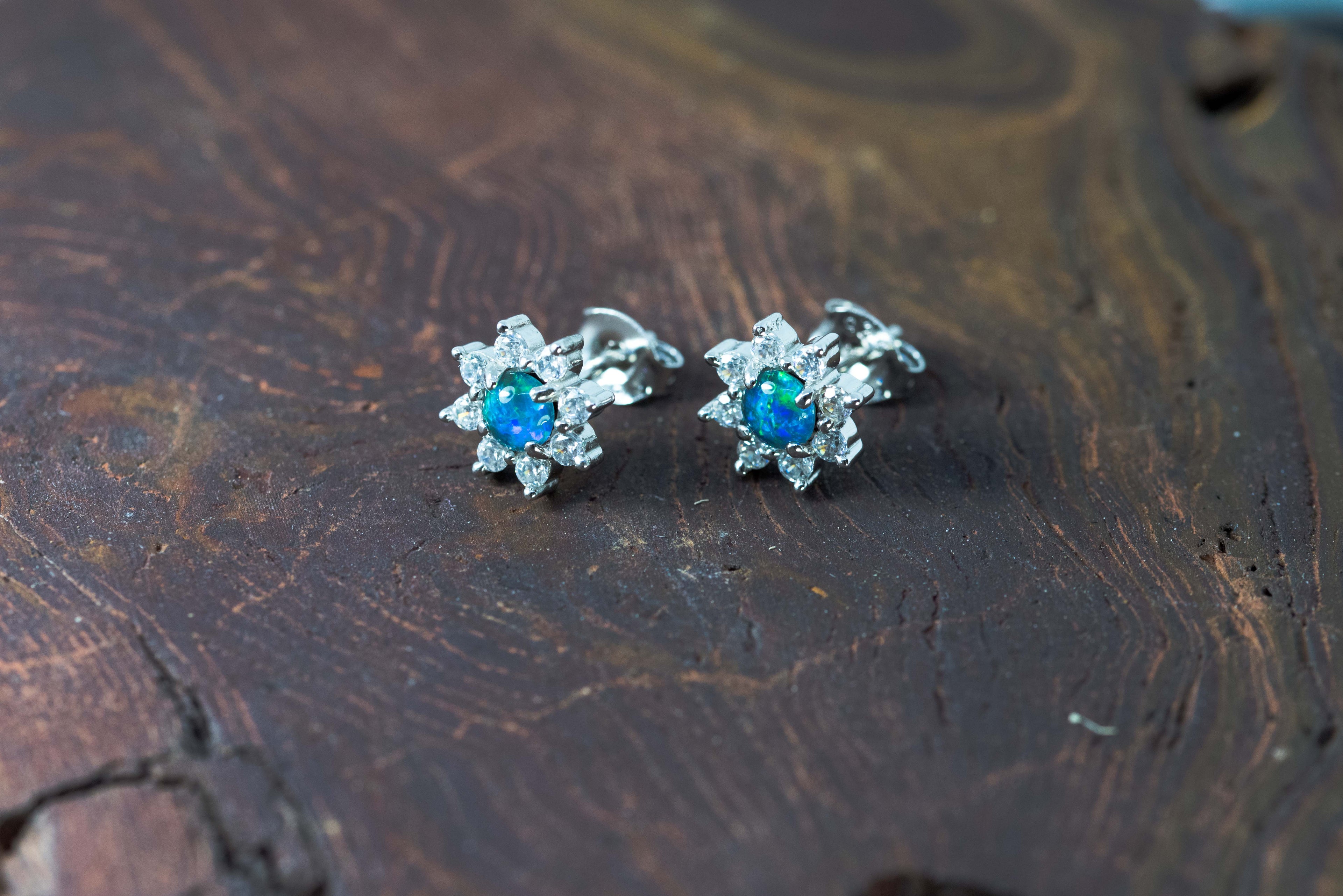 Daisy Design Australian Opal Earrings - Green Blue Fire Triplet Opal in Sterling Silver White Gold Plated