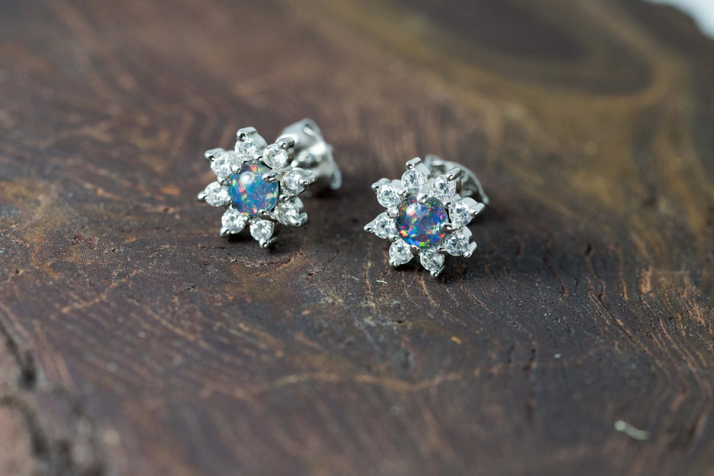 Daisy Design Australian Opal Earrings - Multi Color Fire Opal - Genuine Australian Triplet Opal Earrings in Sterling Silver White Gold Plated
