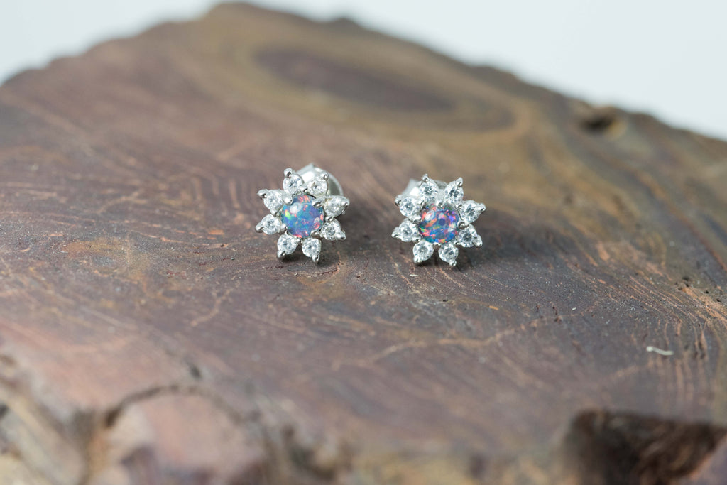 Daisy Design Australian Opal Earrings - Multi Color Fire Opal - Genuine Australian Triplet Opal Earrings in Sterling Silver White Gold Plated
