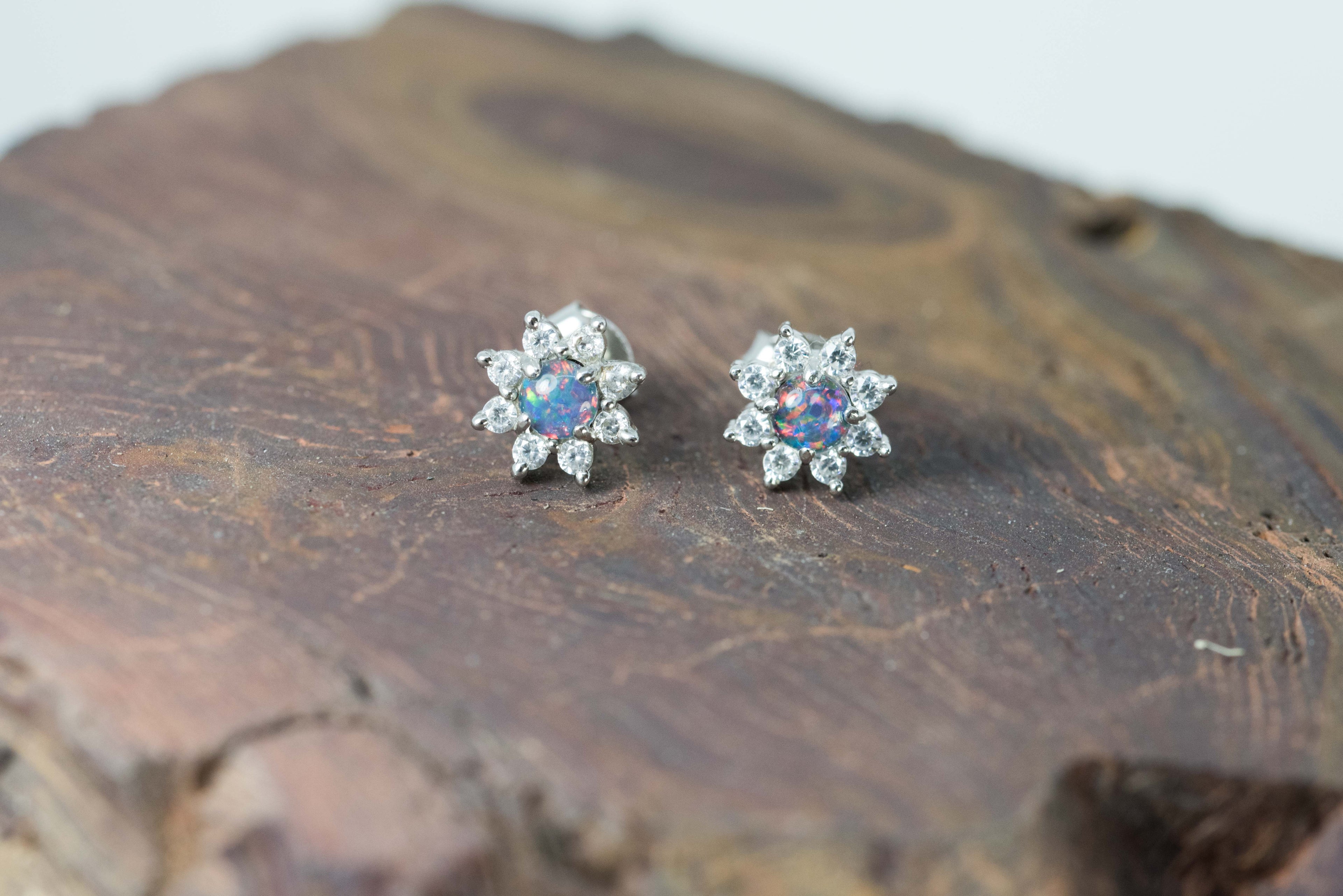 Daisy Design Australian Opal Earrings - Multi Color Fire Opal - Genuine Australian Triplet Opal Earrings in Sterling Silver White Gold Plated