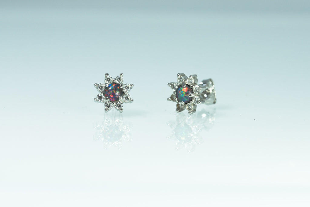 Daisy Design Australian Opal Earrings - Multi Color Fire Opal - Genuine Australian Triplet Opal Earrings in Sterling Silver White Gold Plated