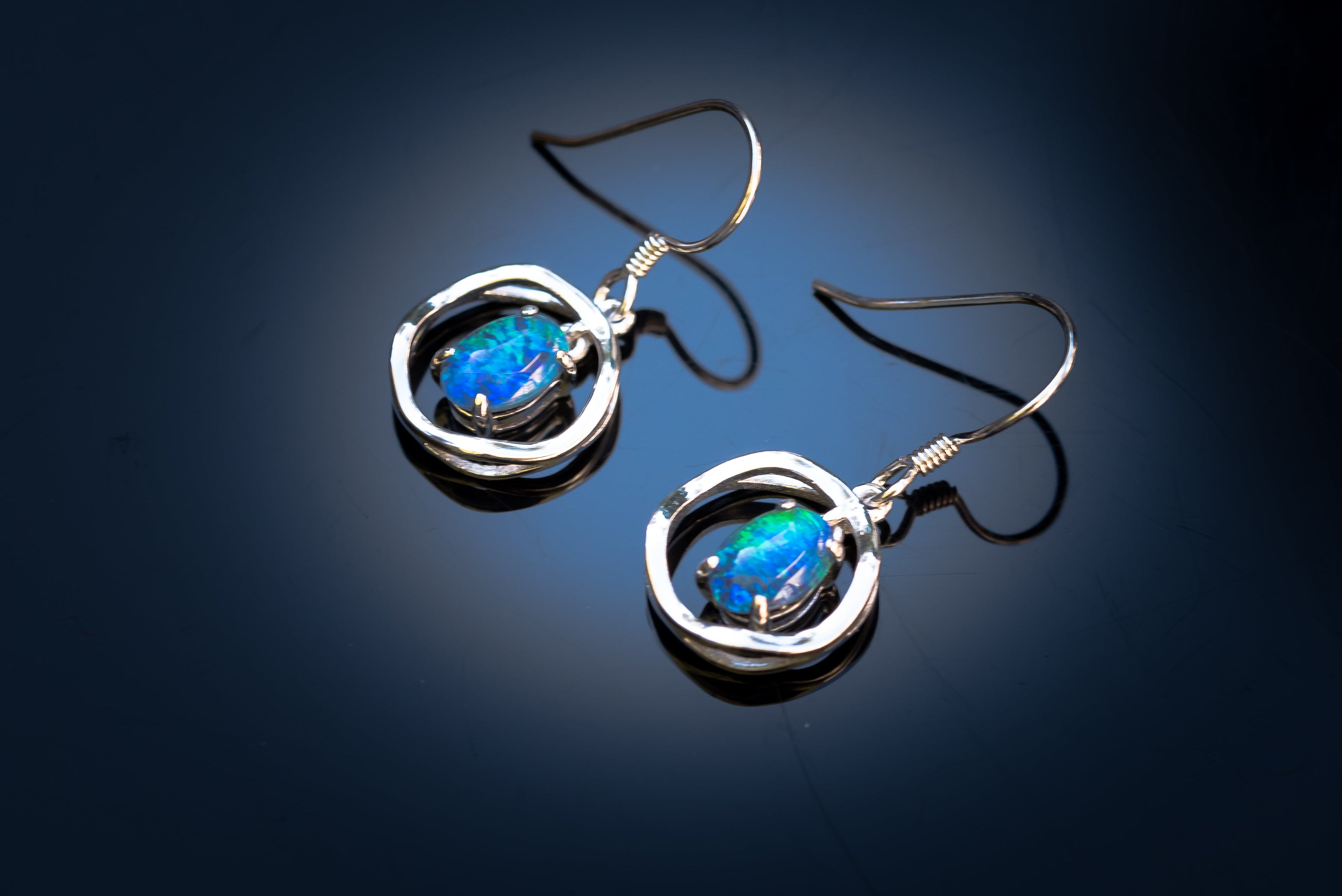 Australian Triplet Opal Earrings - Green Blue Fire Opal - Genuine Australian Triplet Opal Earrings in Sterling Silver White Gold Plated