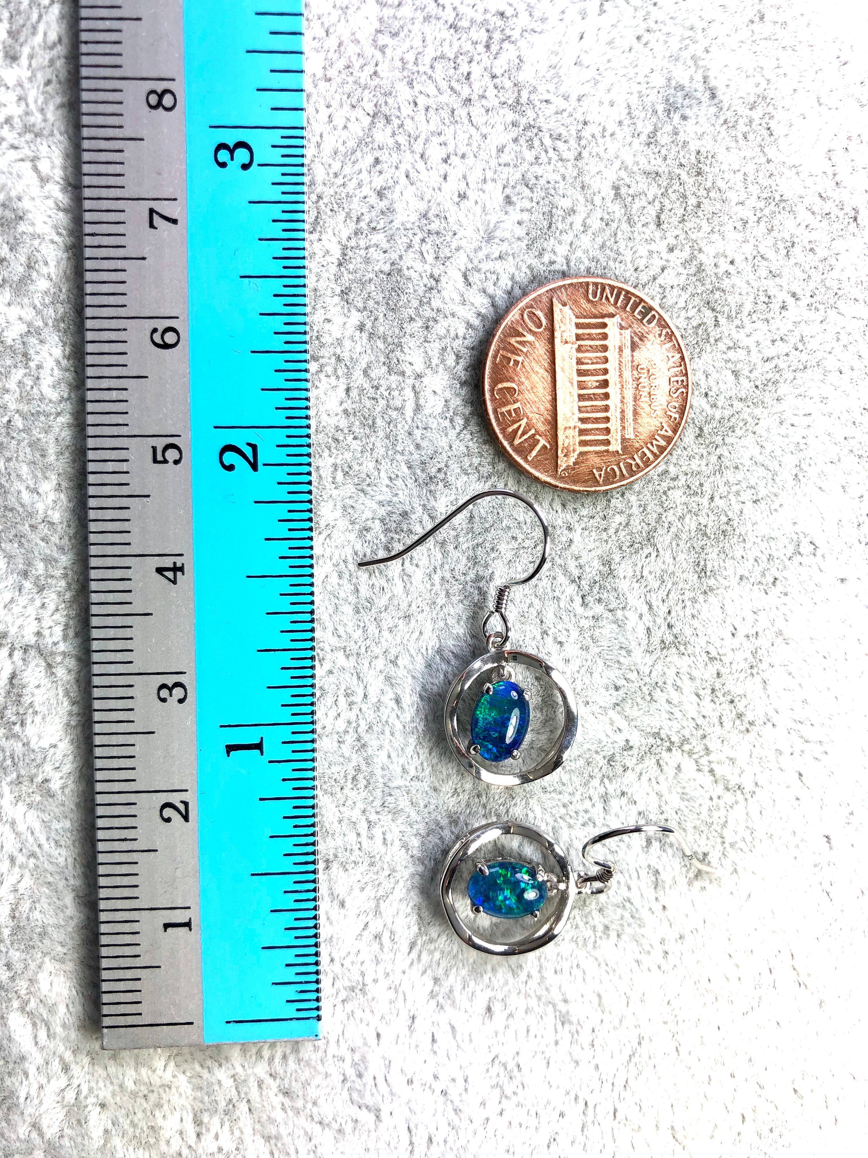 Australian Triplet Opal Earrings - Green Blue Fire Opal - Genuine Australian Triplet Opal Earrings in Sterling Silver White Gold Plated