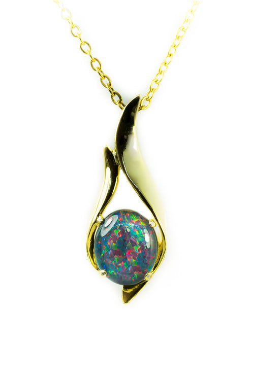 Australian Black Opal Triplet - Genuine Australian Triplet Opal Necklace Pendant - Yellow Gold Plated on Sterling Silver Women's Jewelry - Contemporary Design