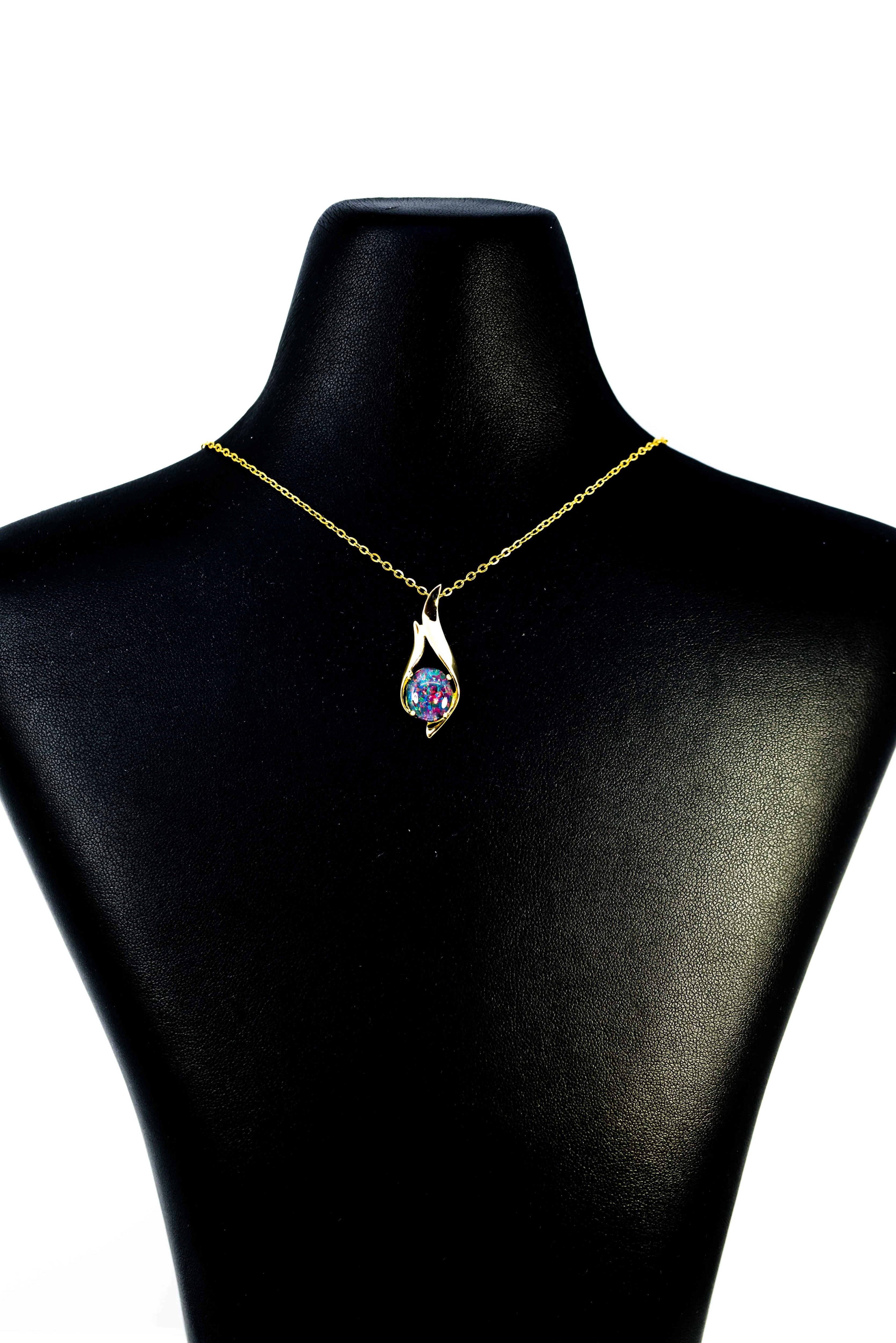 Australian Black Opal Triplet - Genuine Australian Triplet Opal Necklace Pendant - Yellow Gold Plated on Sterling Silver Women's Jewelry - Contemporary Design
